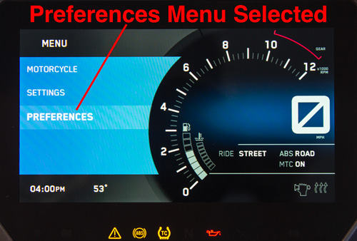 KTM 1290 Adventure R Preferences Menu Selected